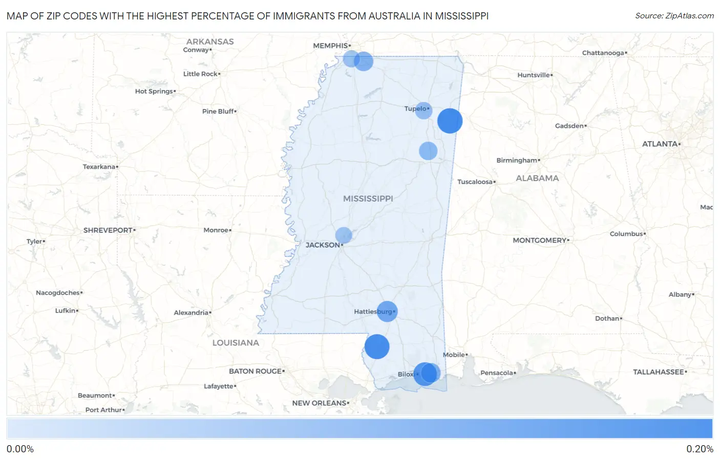 Zip Codes with the Highest Percentage of Immigrants from Australia in Mississippi Map