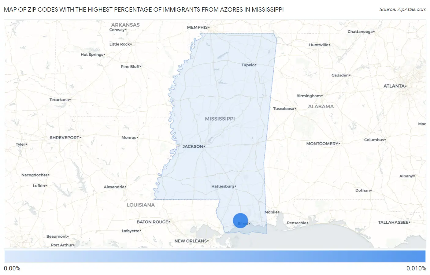 Zip Codes with the Highest Percentage of Immigrants from Azores in Mississippi Map