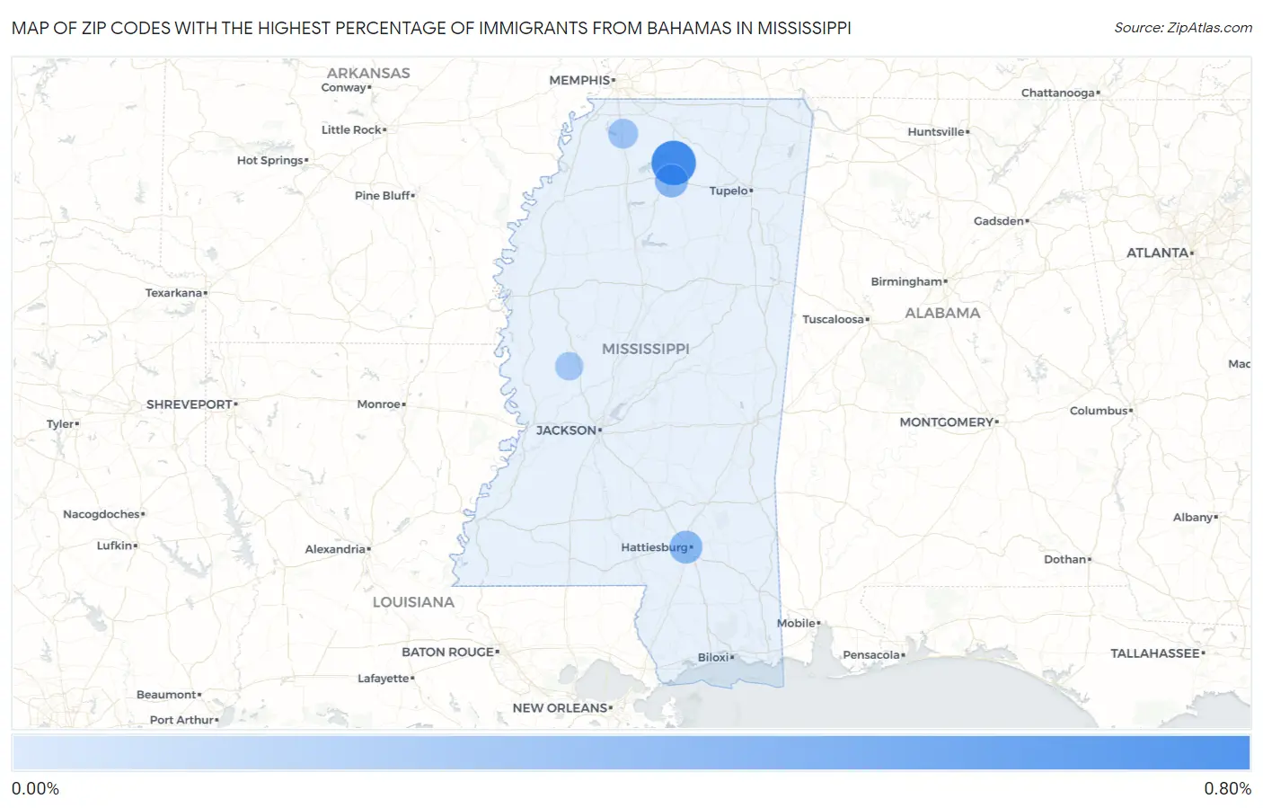 Zip Codes with the Highest Percentage of Immigrants from Bahamas in Mississippi Map