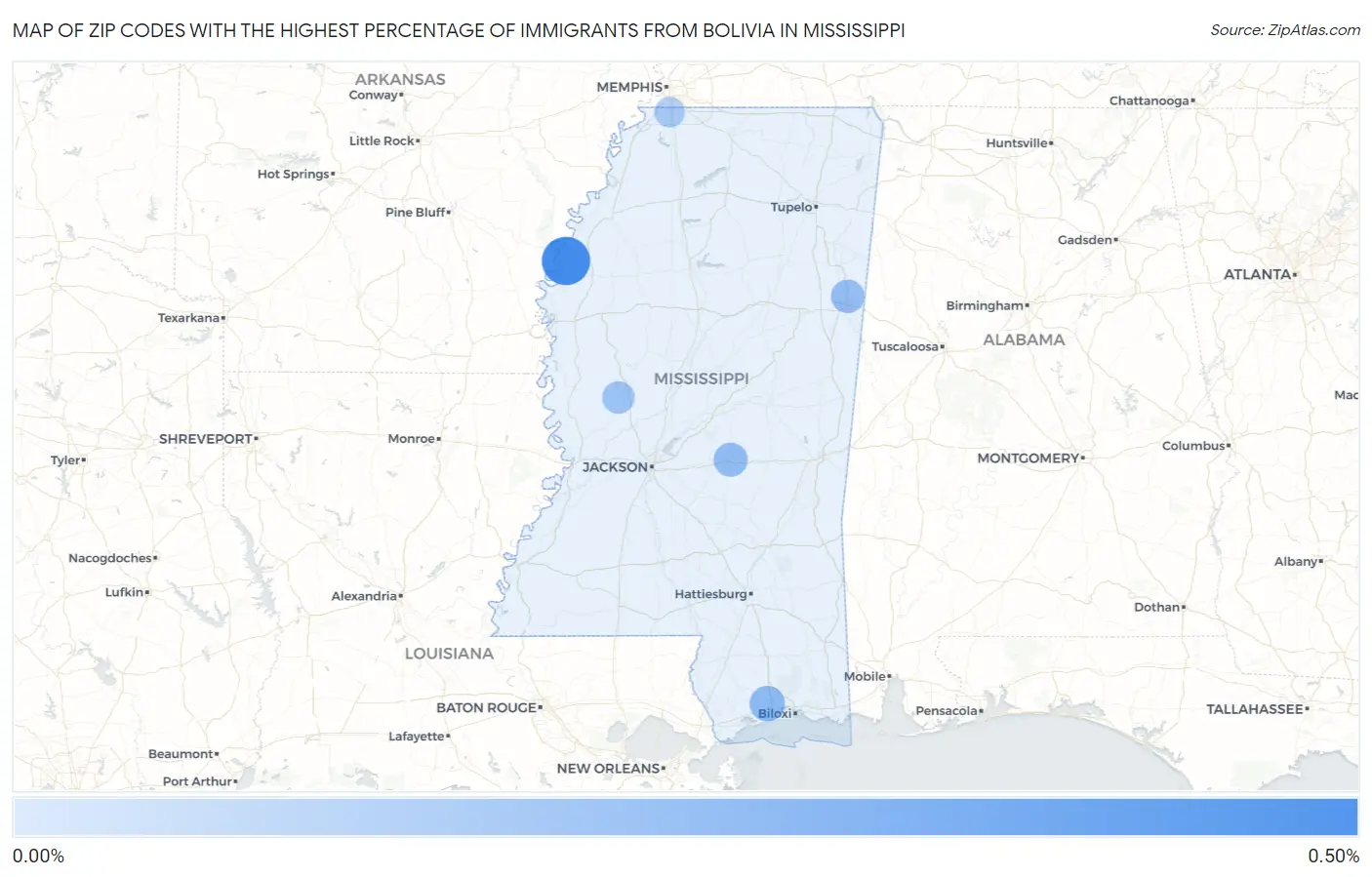 Zip Codes with the Highest Percentage of Immigrants from Bolivia in Mississippi Map