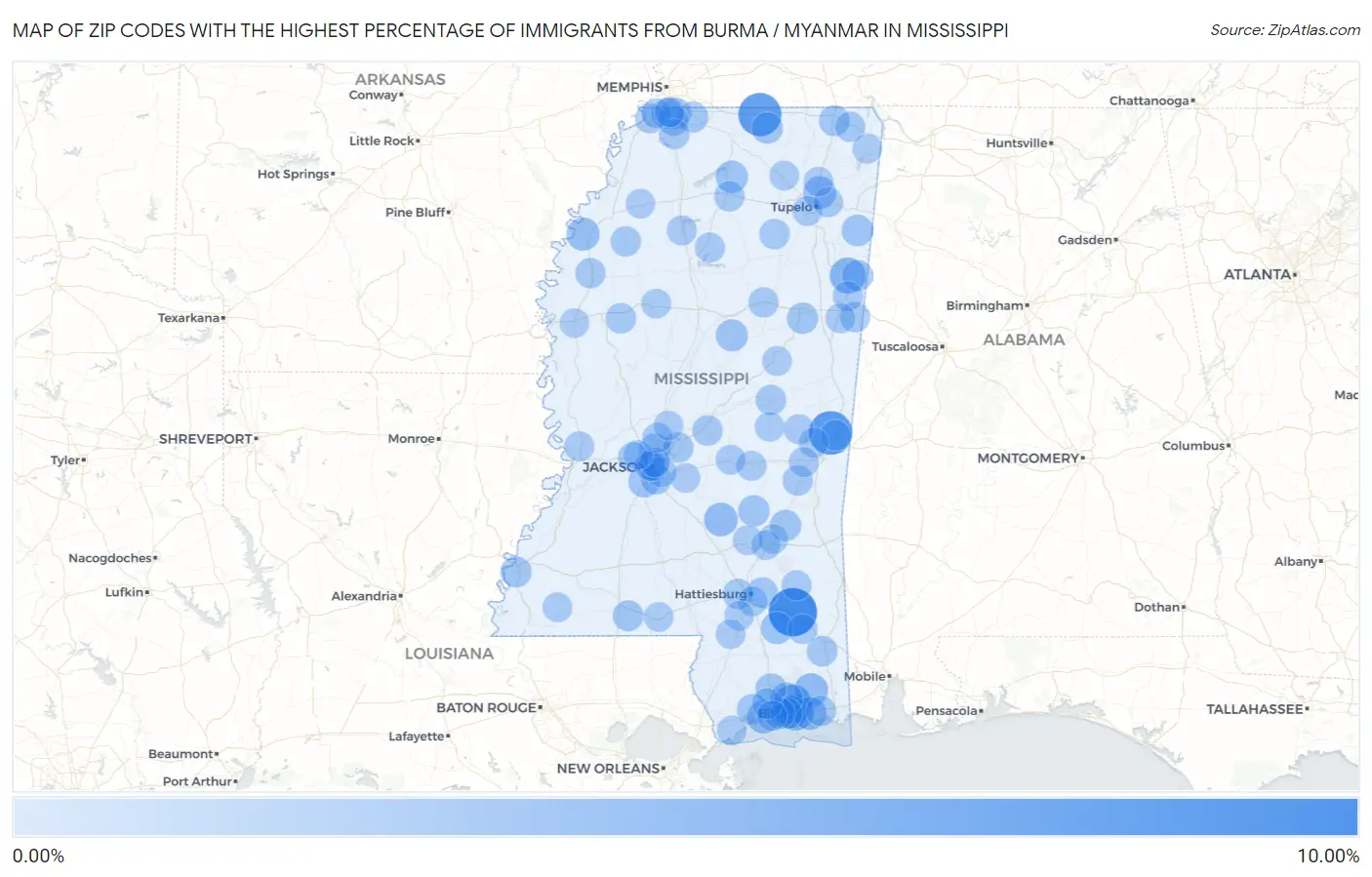 Zip Codes with the Highest Percentage of Immigrants from Burma / Myanmar in Mississippi Map