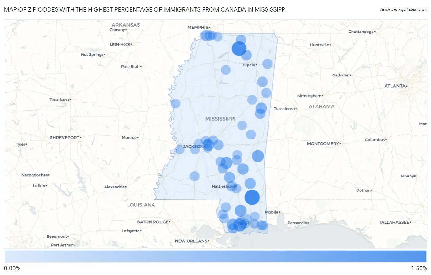 Zip Codes with the Highest Percentage of Immigrants from Canada in Mississippi Map