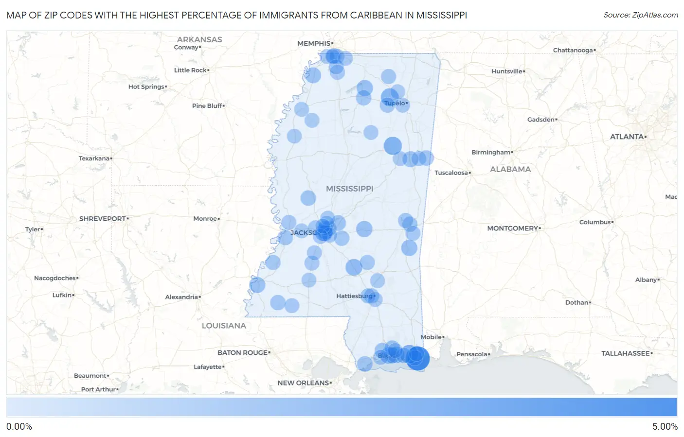 Zip Codes with the Highest Percentage of Immigrants from Caribbean in Mississippi Map