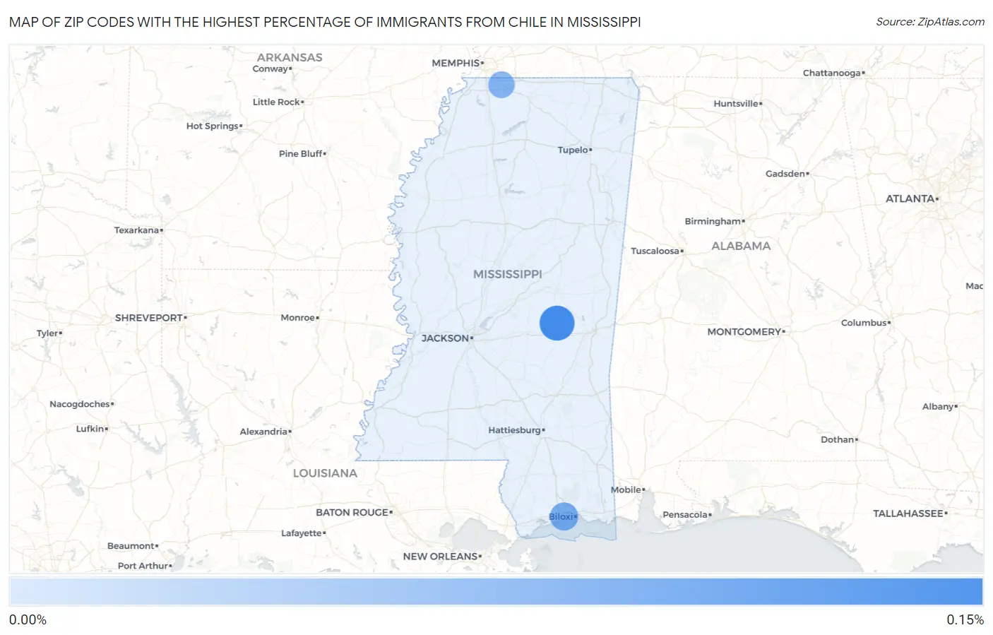 Zip Codes with the Highest Percentage of Immigrants from Chile in Mississippi Map