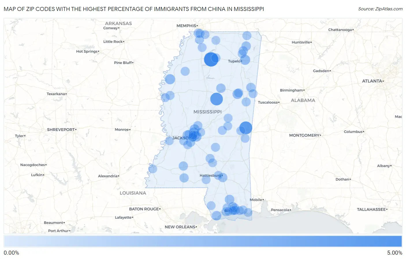 Zip Codes with the Highest Percentage of Immigrants from China in Mississippi Map