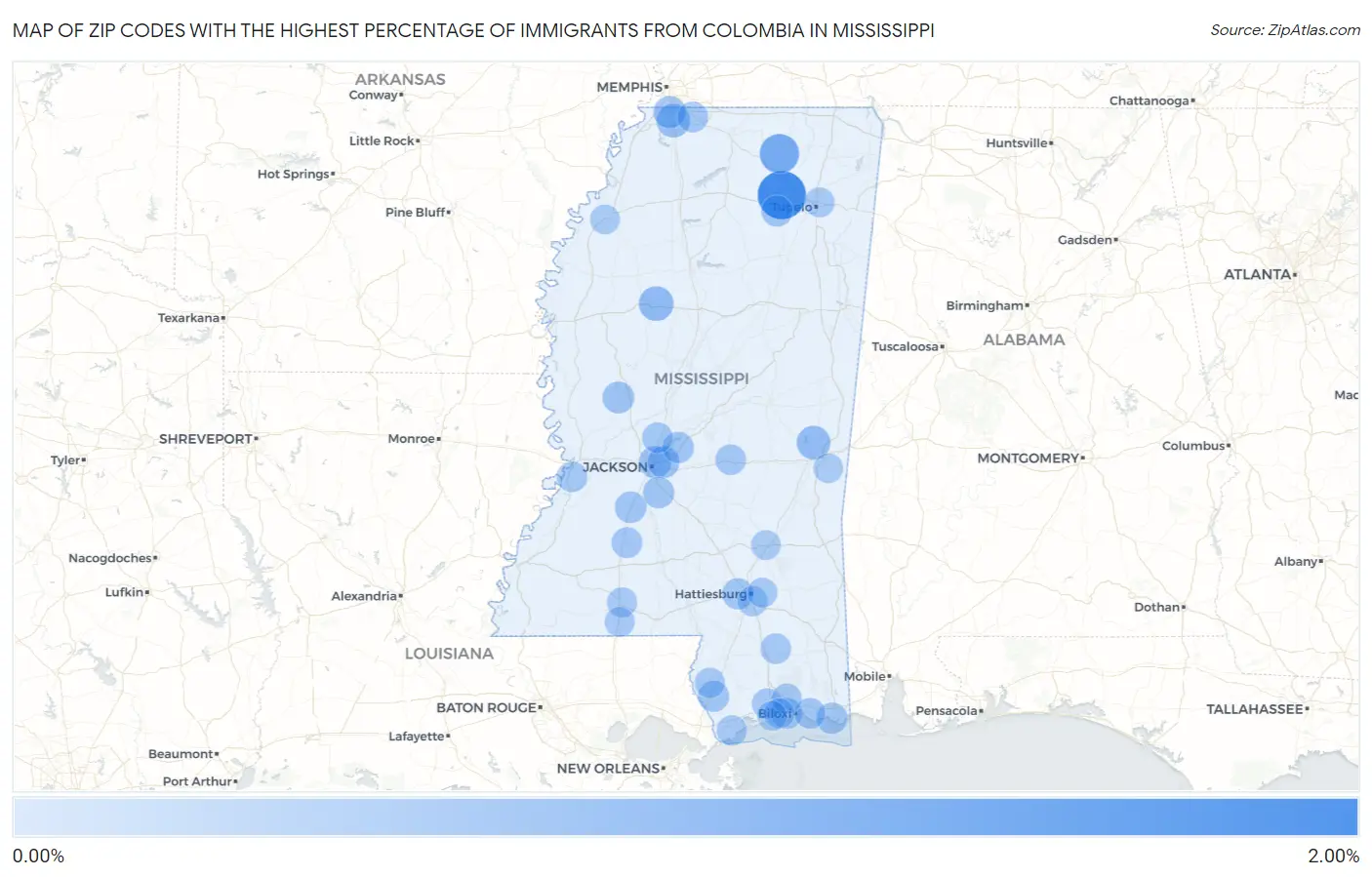 Zip Codes with the Highest Percentage of Immigrants from Colombia in Mississippi Map