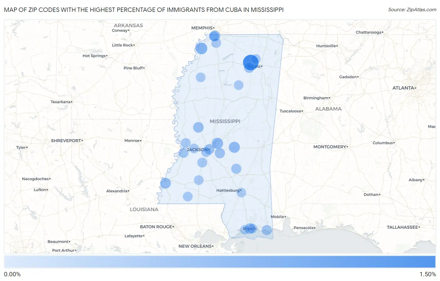 Zip Codes with the Highest Percentage of Immigrants from Cuba in Mississippi Map
