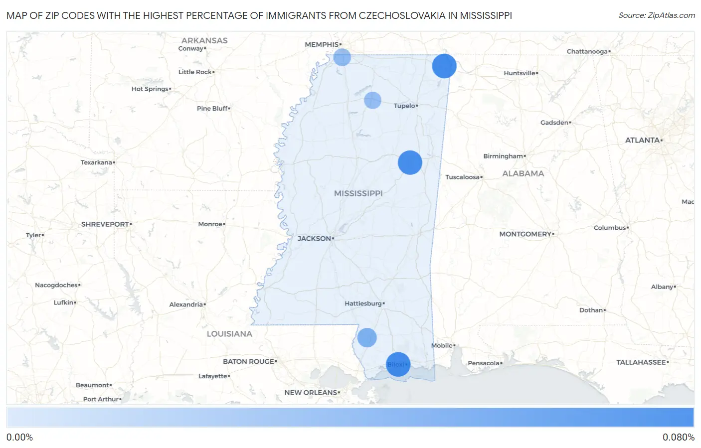 Zip Codes with the Highest Percentage of Immigrants from Czechoslovakia in Mississippi Map