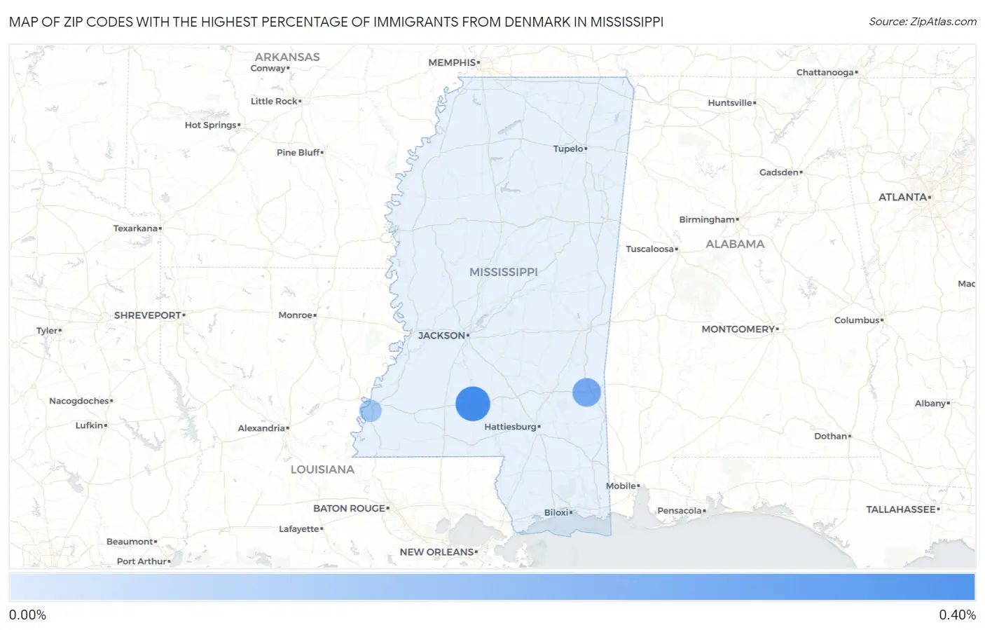 Zip Codes with the Highest Percentage of Immigrants from Denmark in Mississippi Map