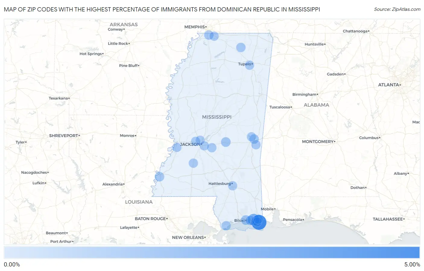 Zip Codes with the Highest Percentage of Immigrants from Dominican Republic in Mississippi Map