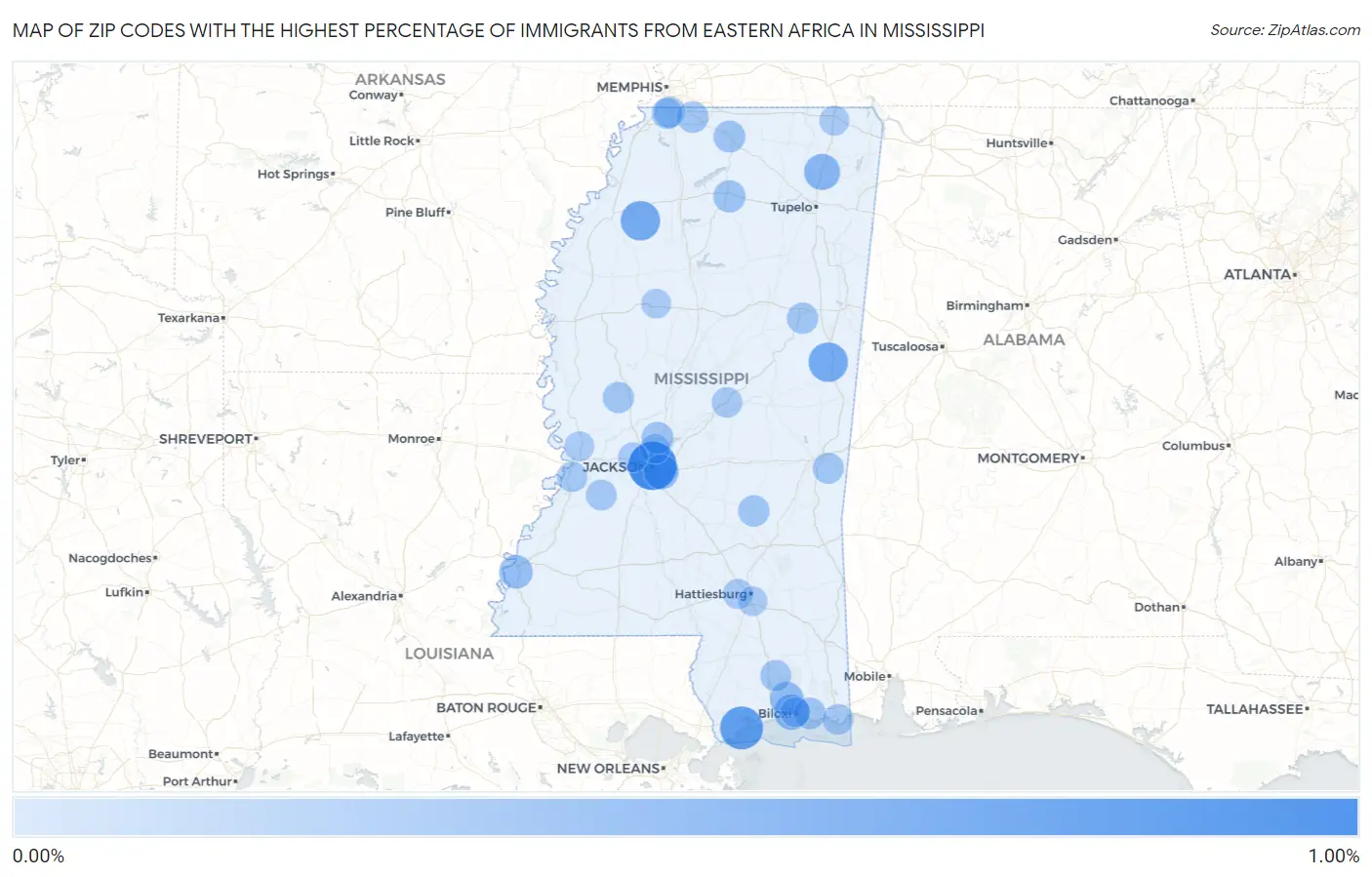 Zip Codes with the Highest Percentage of Immigrants from Eastern Africa in Mississippi Map