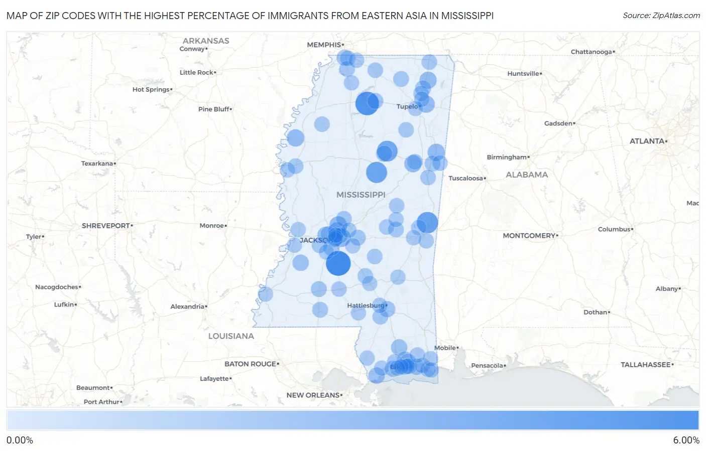 Zip Codes with the Highest Percentage of Immigrants from Eastern Asia in Mississippi Map