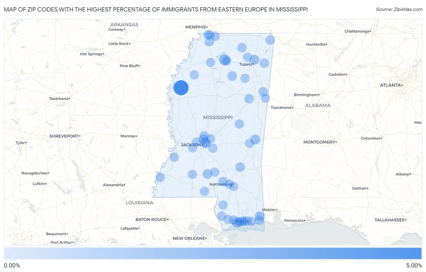 Zip Codes with the Highest Percentage of Immigrants from Eastern Europe in Mississippi Map