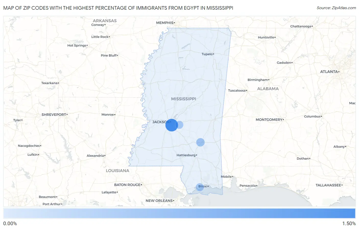 Zip Codes with the Highest Percentage of Immigrants from Egypt in Mississippi Map