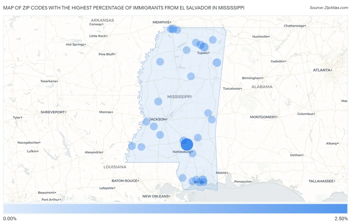 Zip Codes with the Highest Percentage of Immigrants from El Salvador in Mississippi Map