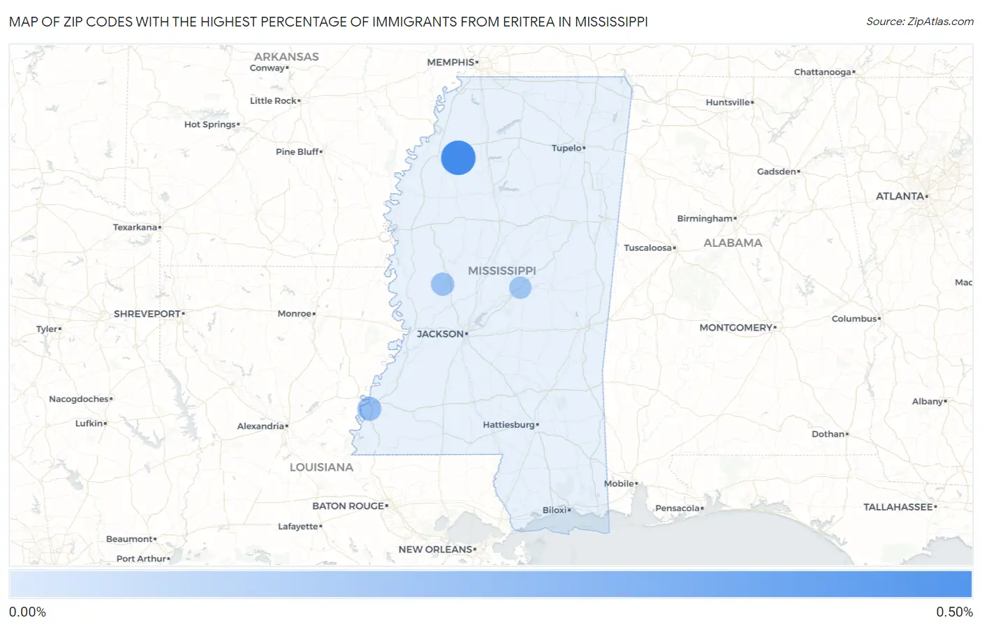Zip Codes with the Highest Percentage of Immigrants from Eritrea in Mississippi Map