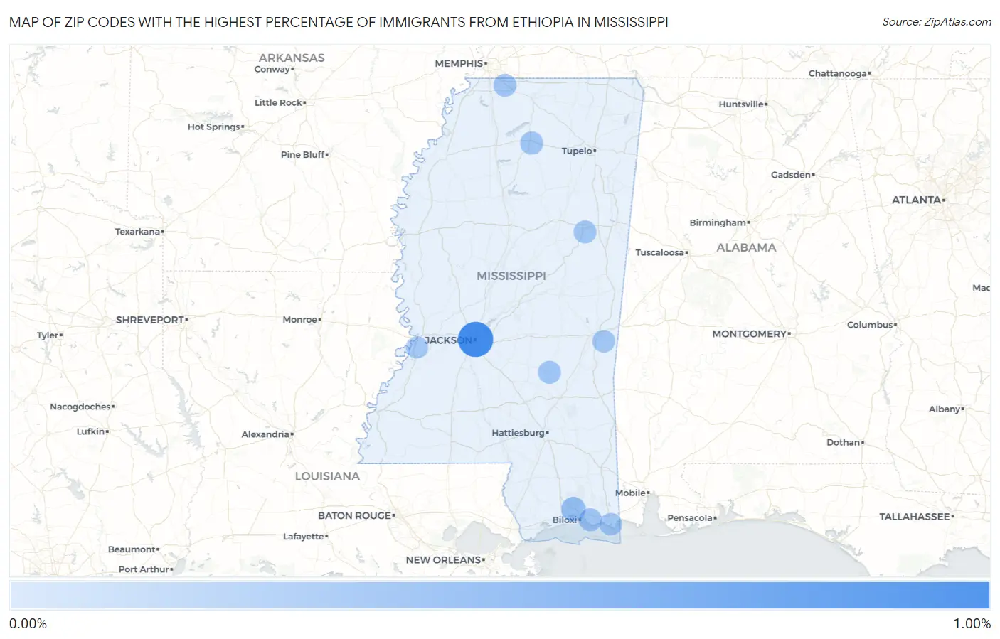 Zip Codes with the Highest Percentage of Immigrants from Ethiopia in Mississippi Map