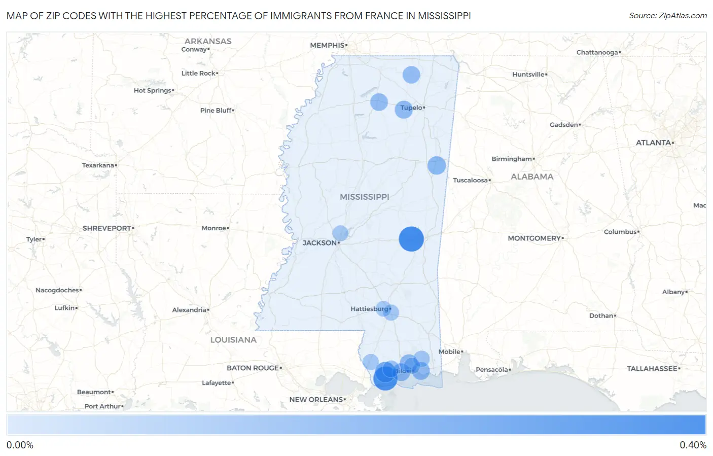 Zip Codes with the Highest Percentage of Immigrants from France in Mississippi Map