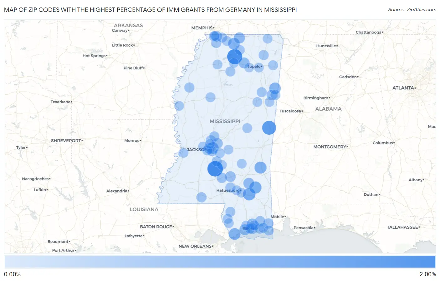 Zip Codes with the Highest Percentage of Immigrants from Germany in Mississippi Map