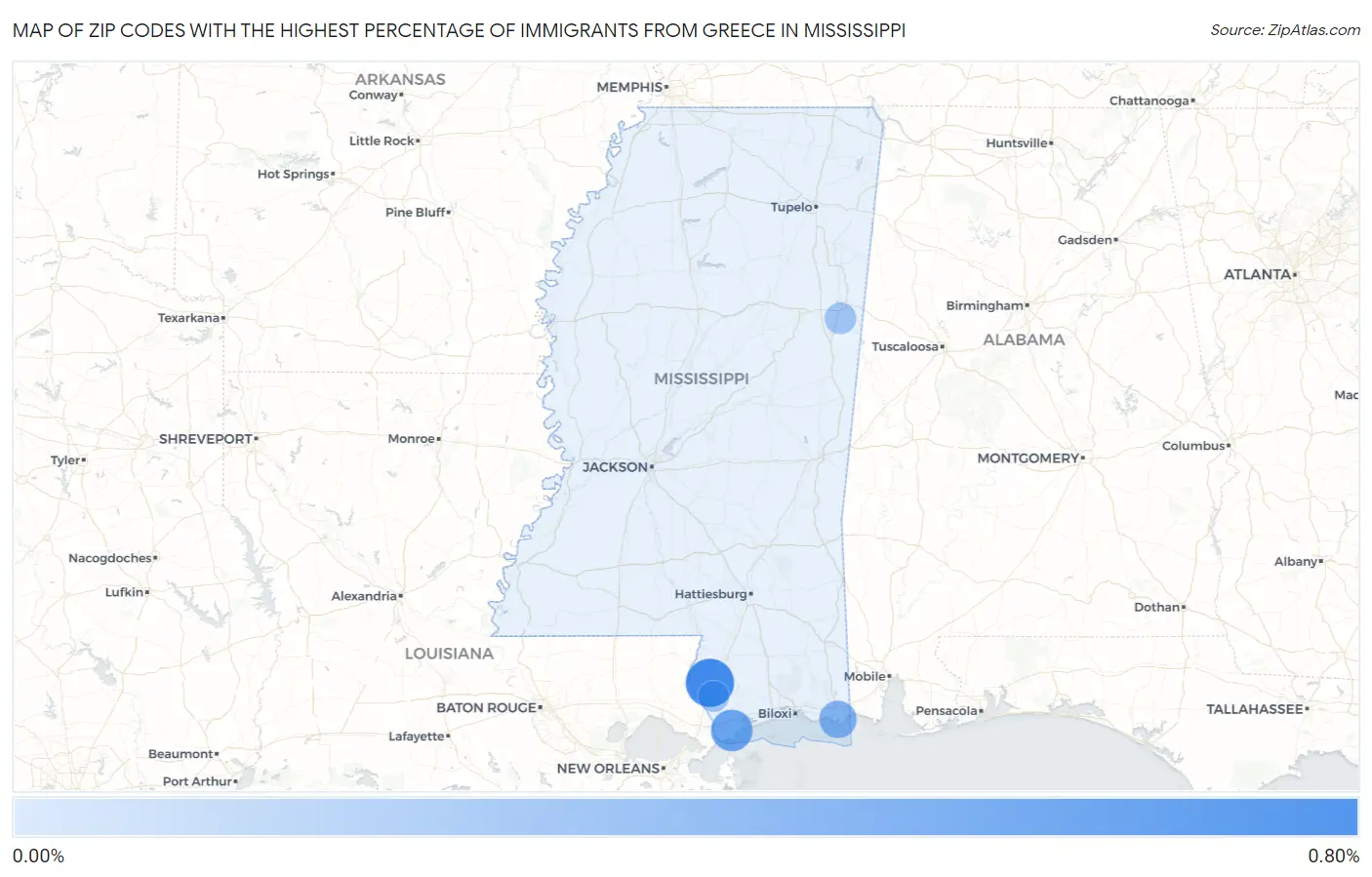 Zip Codes with the Highest Percentage of Immigrants from Greece in Mississippi Map