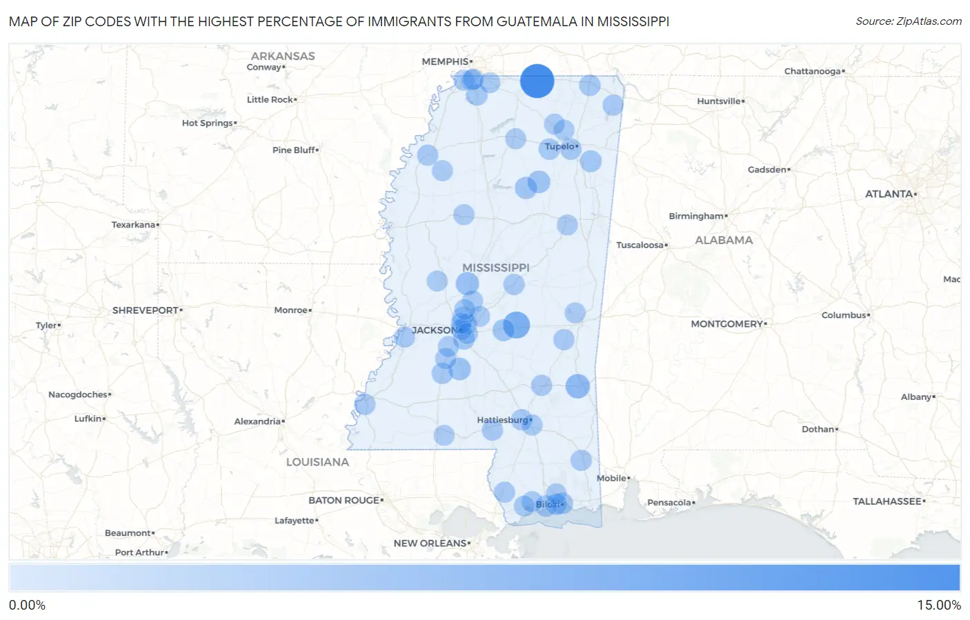 Zip Codes with the Highest Percentage of Immigrants from Guatemala in Mississippi Map