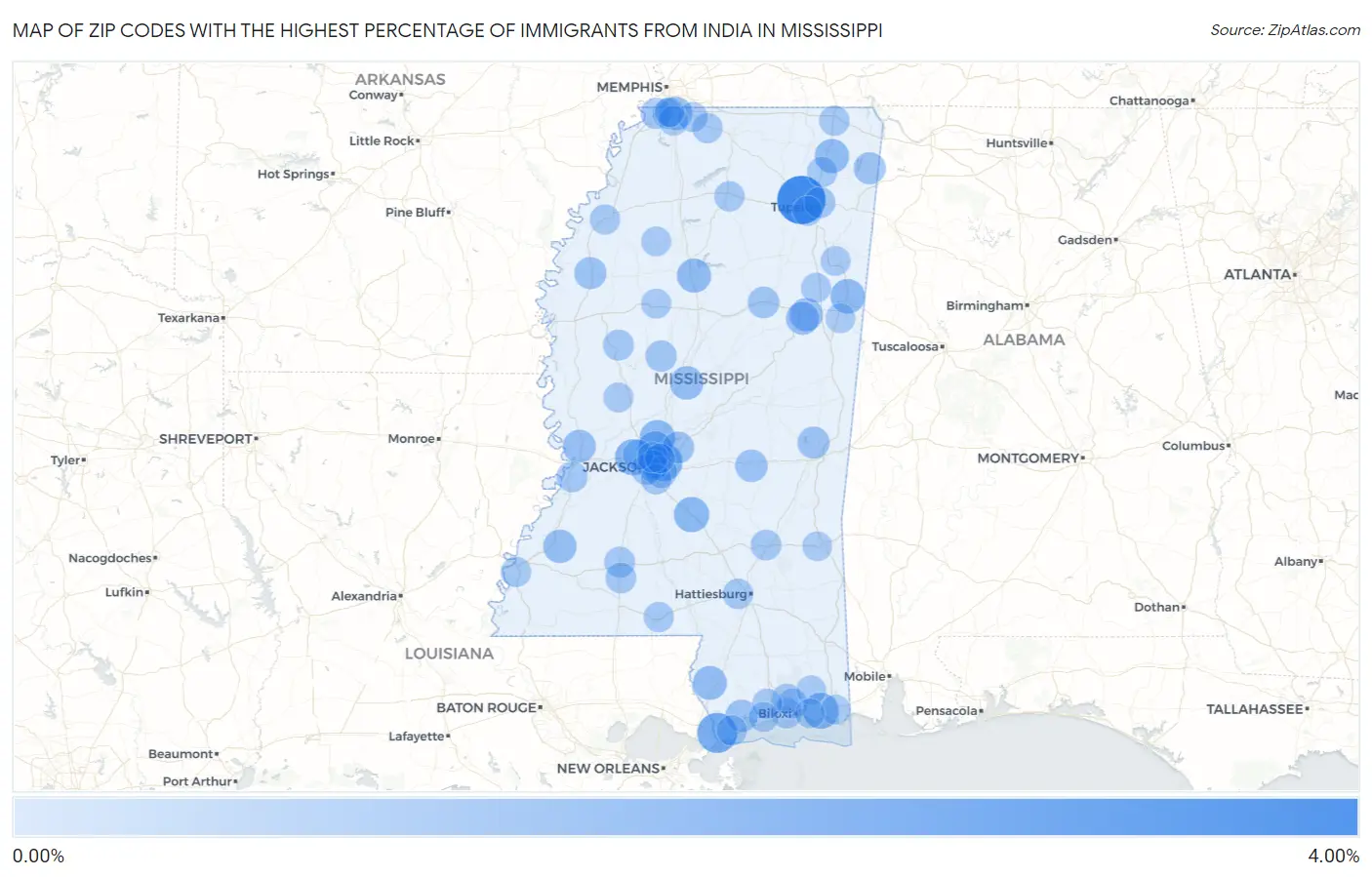 Zip Codes with the Highest Percentage of Immigrants from India in Mississippi Map