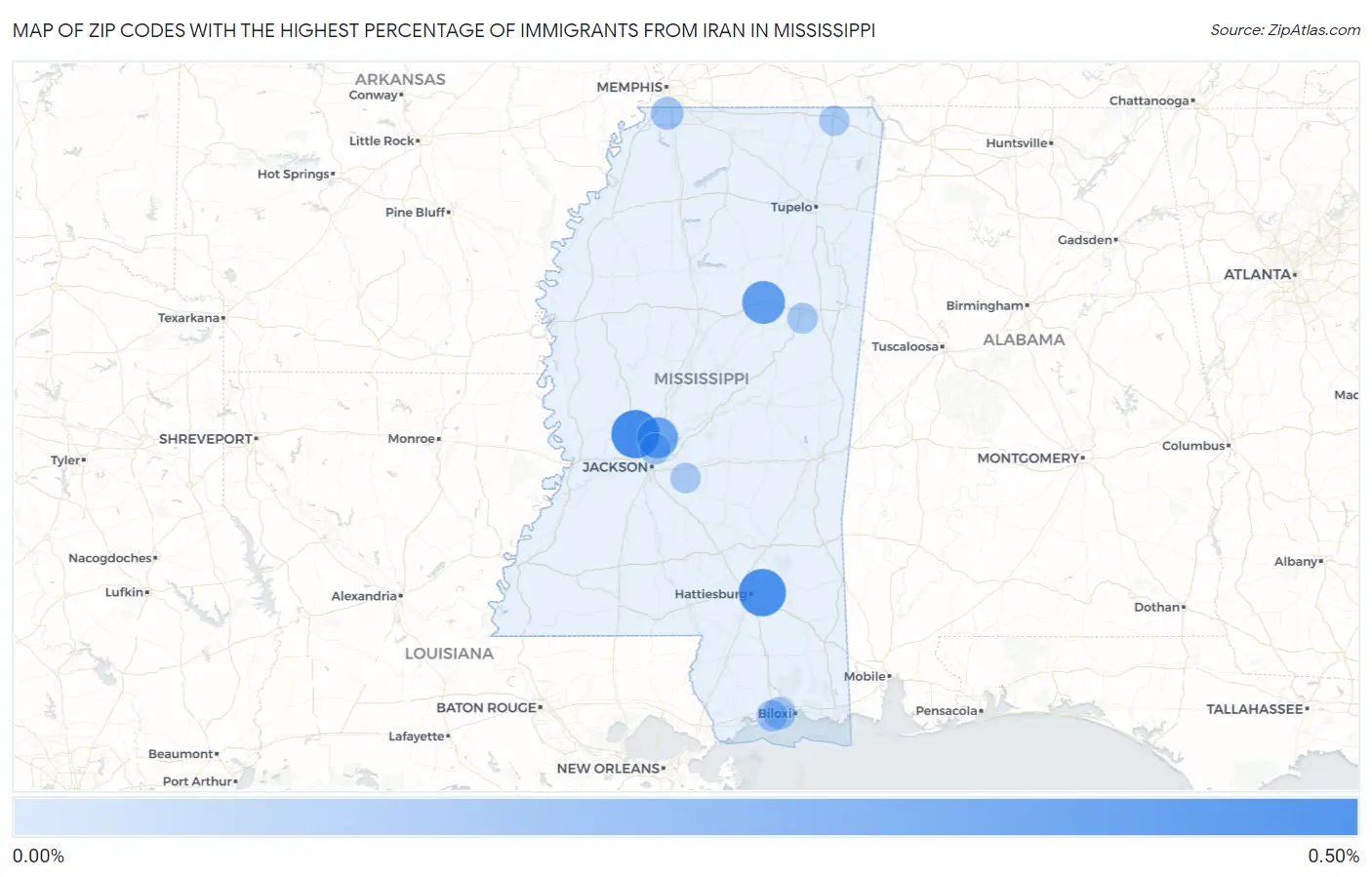 Zip Codes with the Highest Percentage of Immigrants from Iran in Mississippi Map