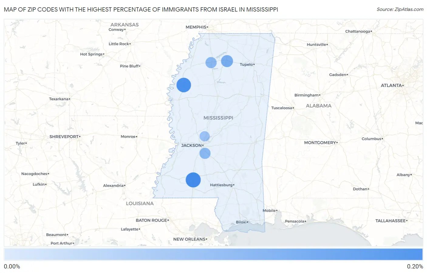 Zip Codes with the Highest Percentage of Immigrants from Israel in Mississippi Map