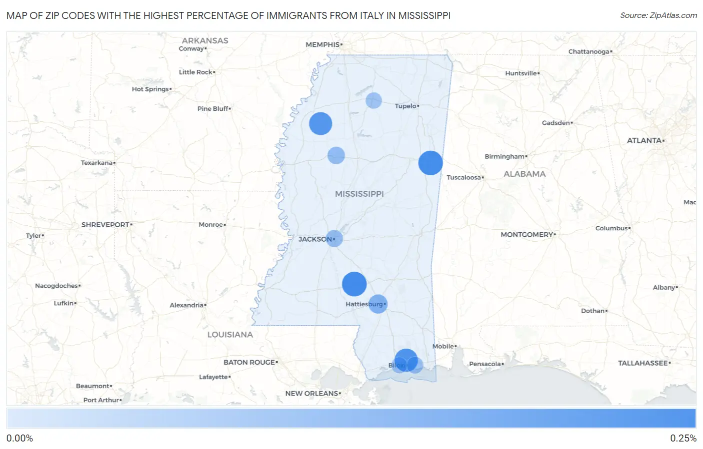 Zip Codes with the Highest Percentage of Immigrants from Italy in Mississippi Map