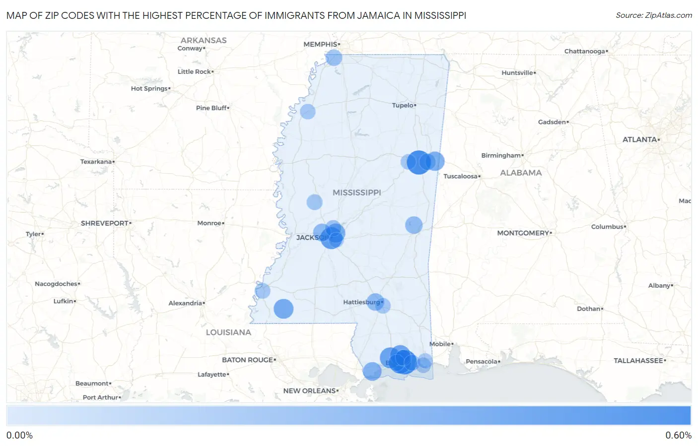 Zip Codes with the Highest Percentage of Immigrants from Jamaica in Mississippi Map