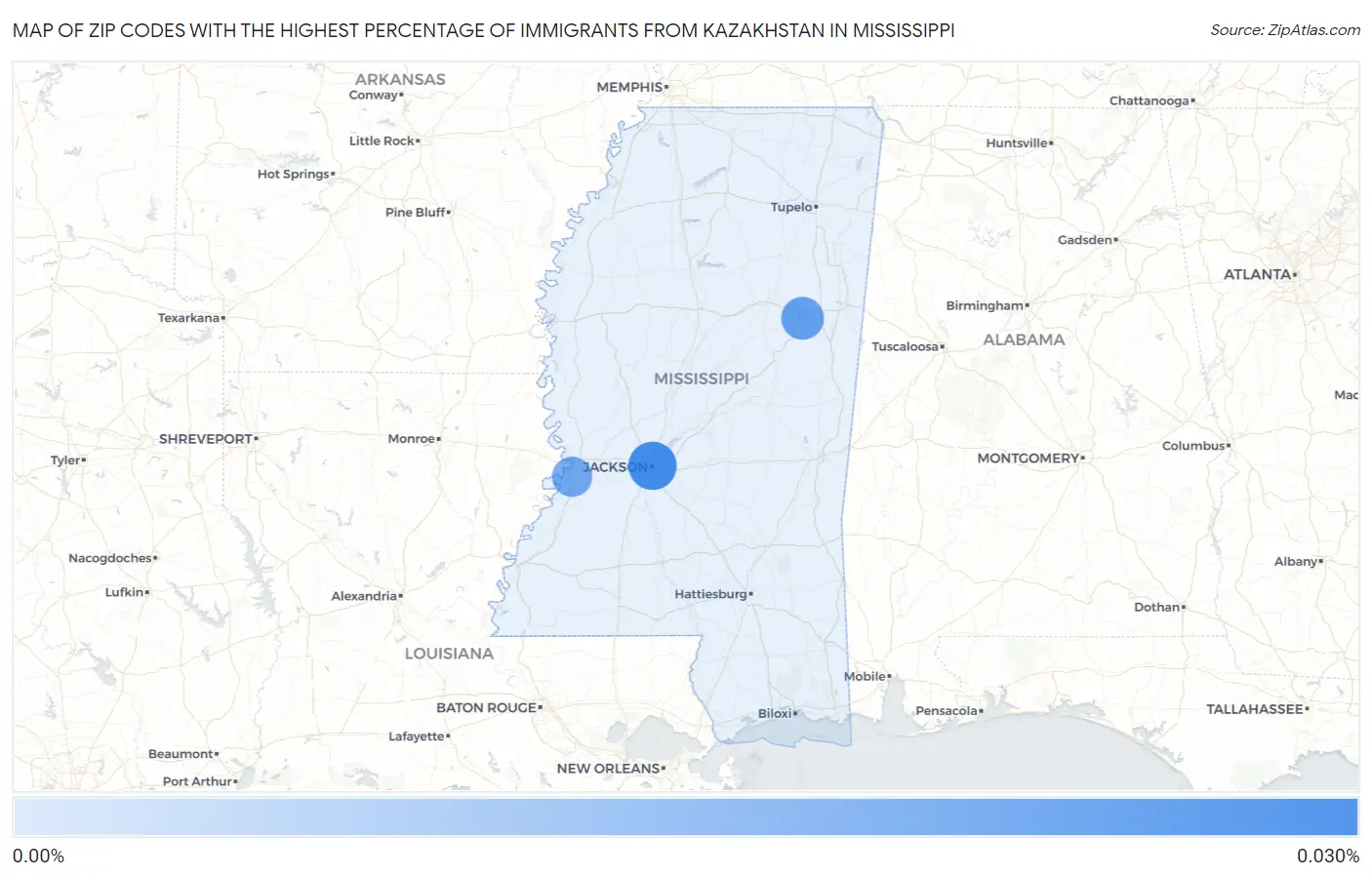 Zip Codes with the Highest Percentage of Immigrants from Kazakhstan in Mississippi Map