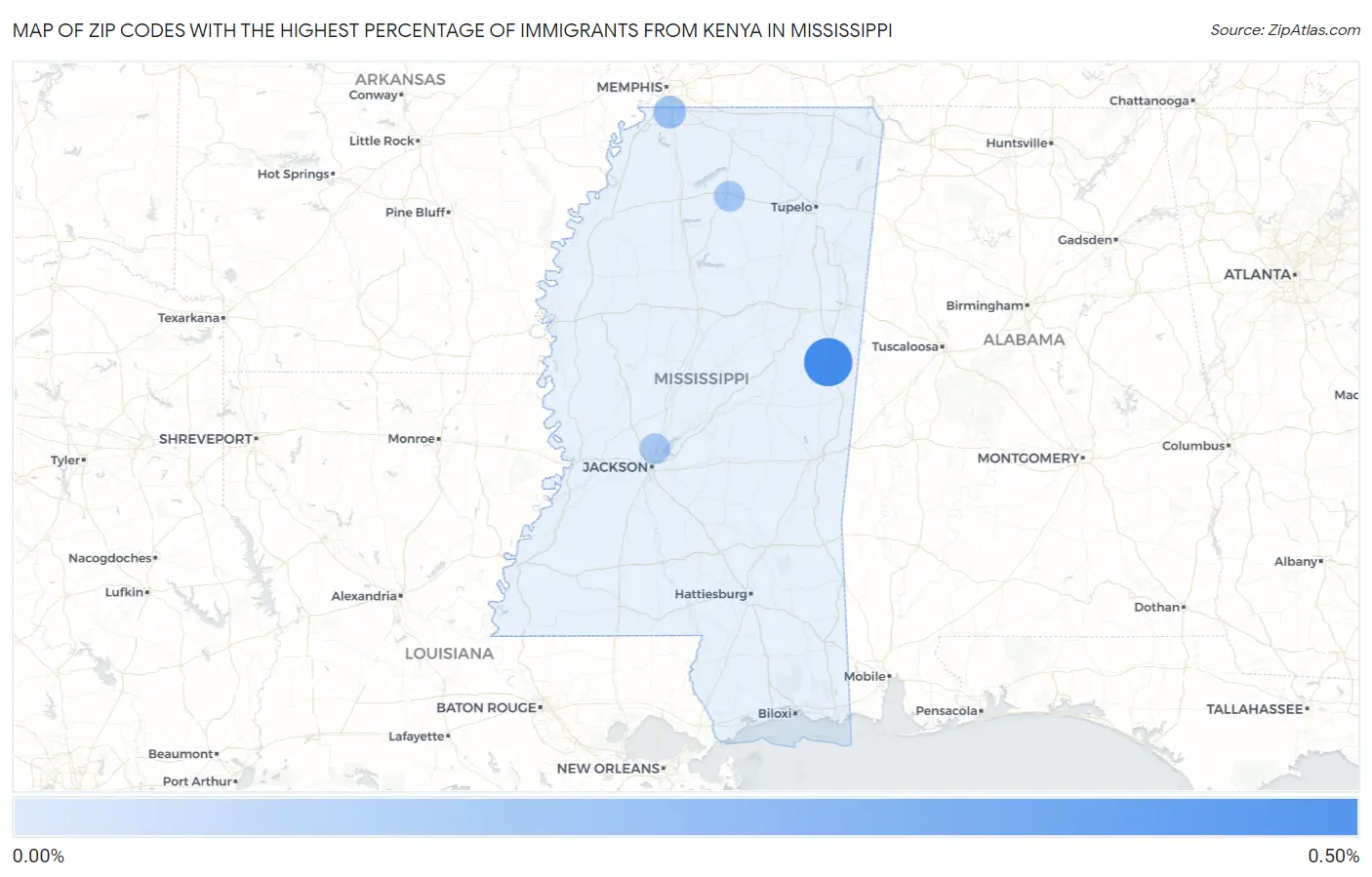 Zip Codes with the Highest Percentage of Immigrants from Kenya in Mississippi Map