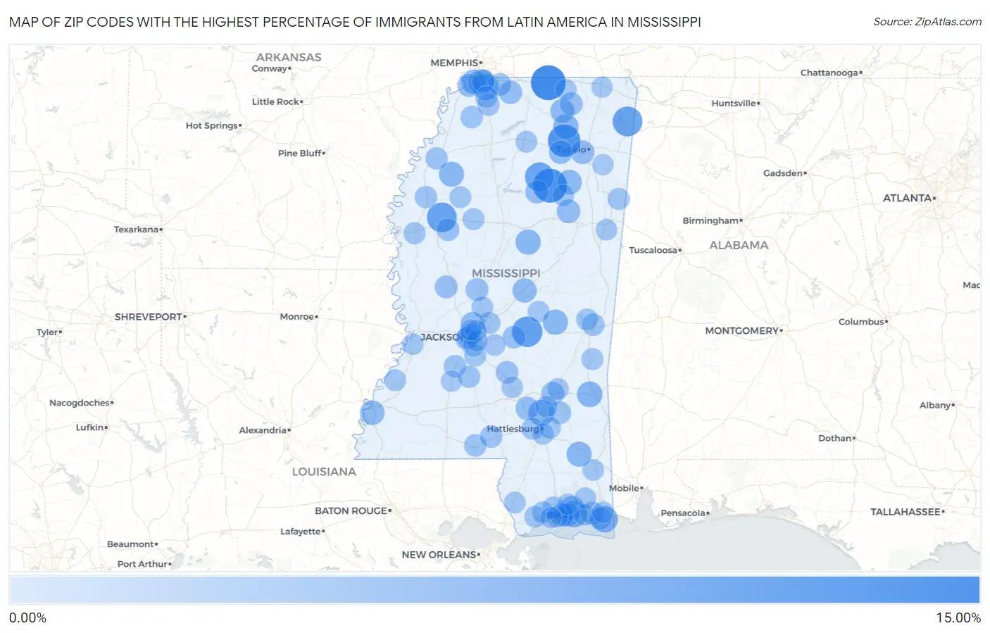 Zip Codes with the Highest Percentage of Immigrants from Latin America in Mississippi Map