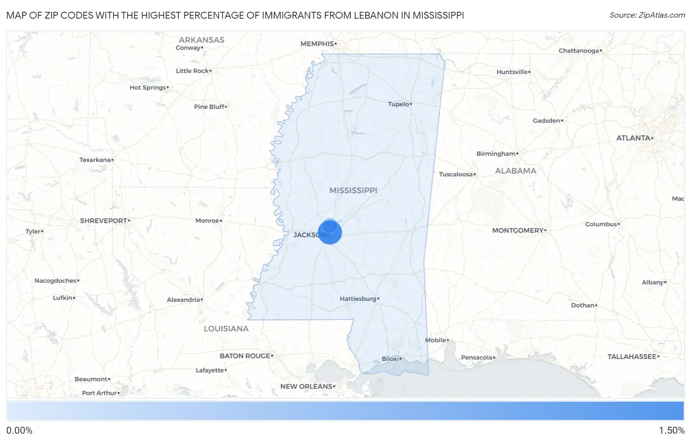 Zip Codes with the Highest Percentage of Immigrants from Lebanon in Mississippi Map
