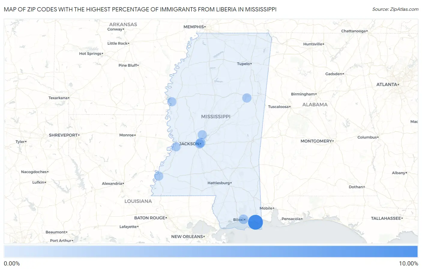 Zip Codes with the Highest Percentage of Immigrants from Liberia in Mississippi Map