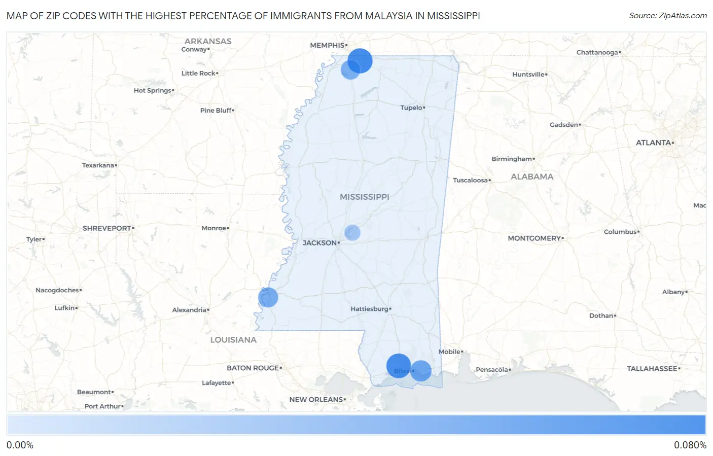 Zip Codes with the Highest Percentage of Immigrants from Malaysia in Mississippi Map