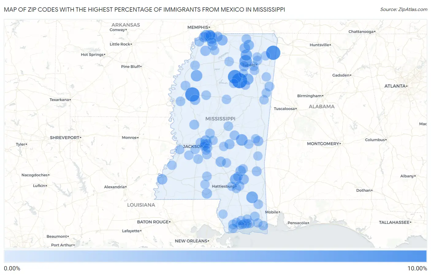 Zip Codes with the Highest Percentage of Immigrants from Mexico in Mississippi Map