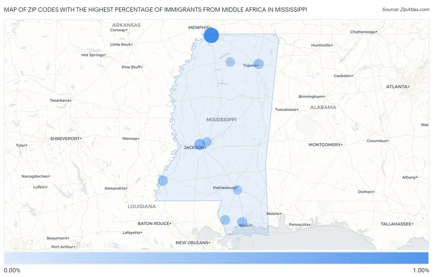 Zip Codes with the Highest Percentage of Immigrants from Middle Africa in Mississippi Map