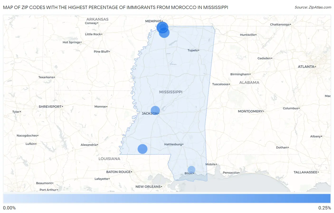 Zip Codes with the Highest Percentage of Immigrants from Morocco in Mississippi Map
