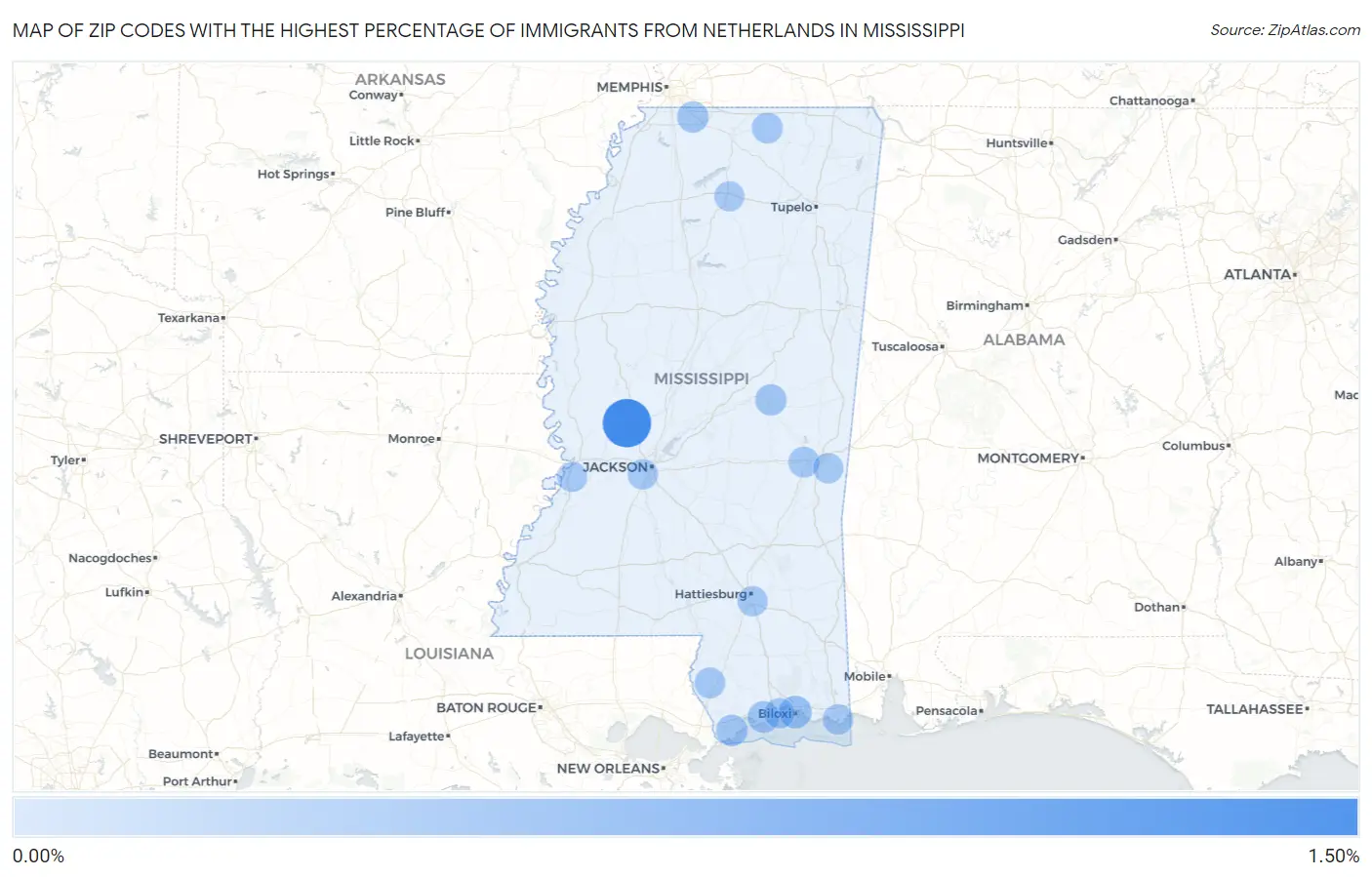 Zip Codes with the Highest Percentage of Immigrants from Netherlands in Mississippi Map