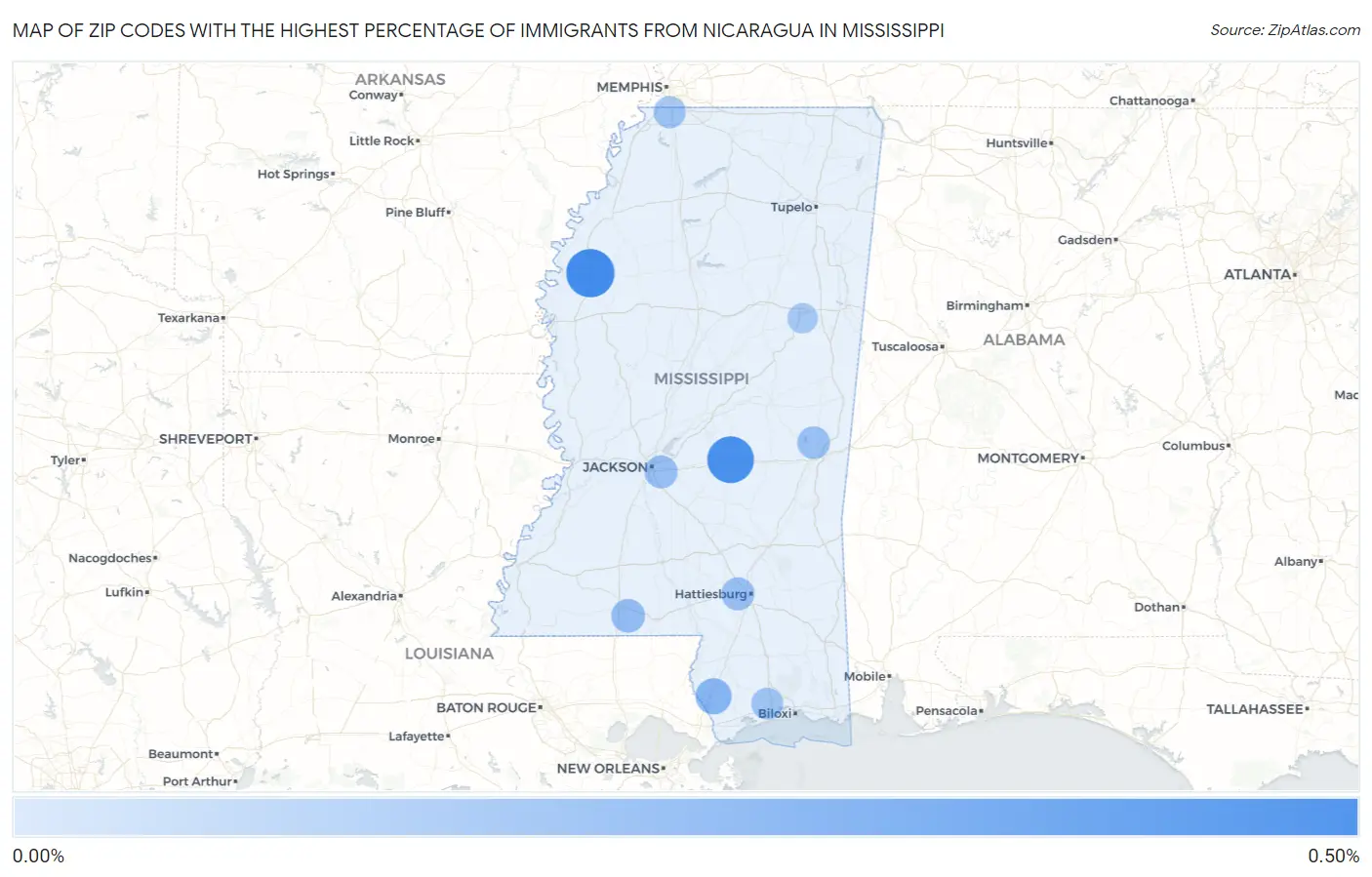Zip Codes with the Highest Percentage of Immigrants from Nicaragua in Mississippi Map