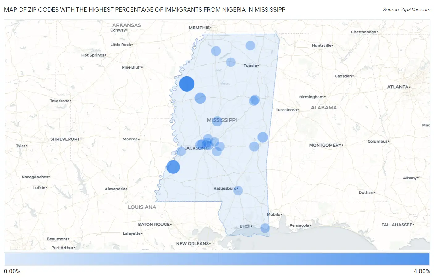 Zip Codes with the Highest Percentage of Immigrants from Nigeria in Mississippi Map