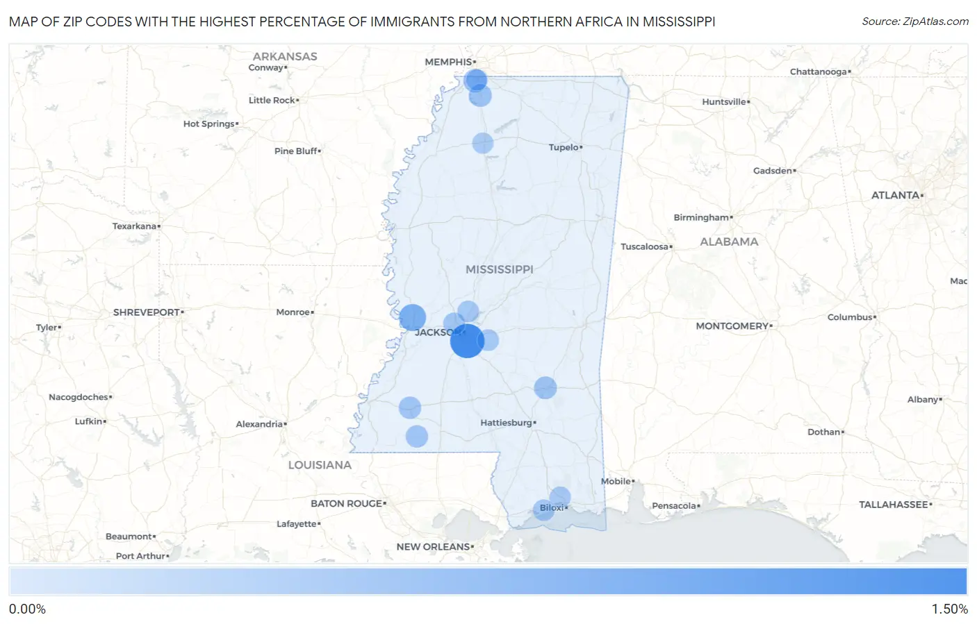 Zip Codes with the Highest Percentage of Immigrants from Northern Africa in Mississippi Map