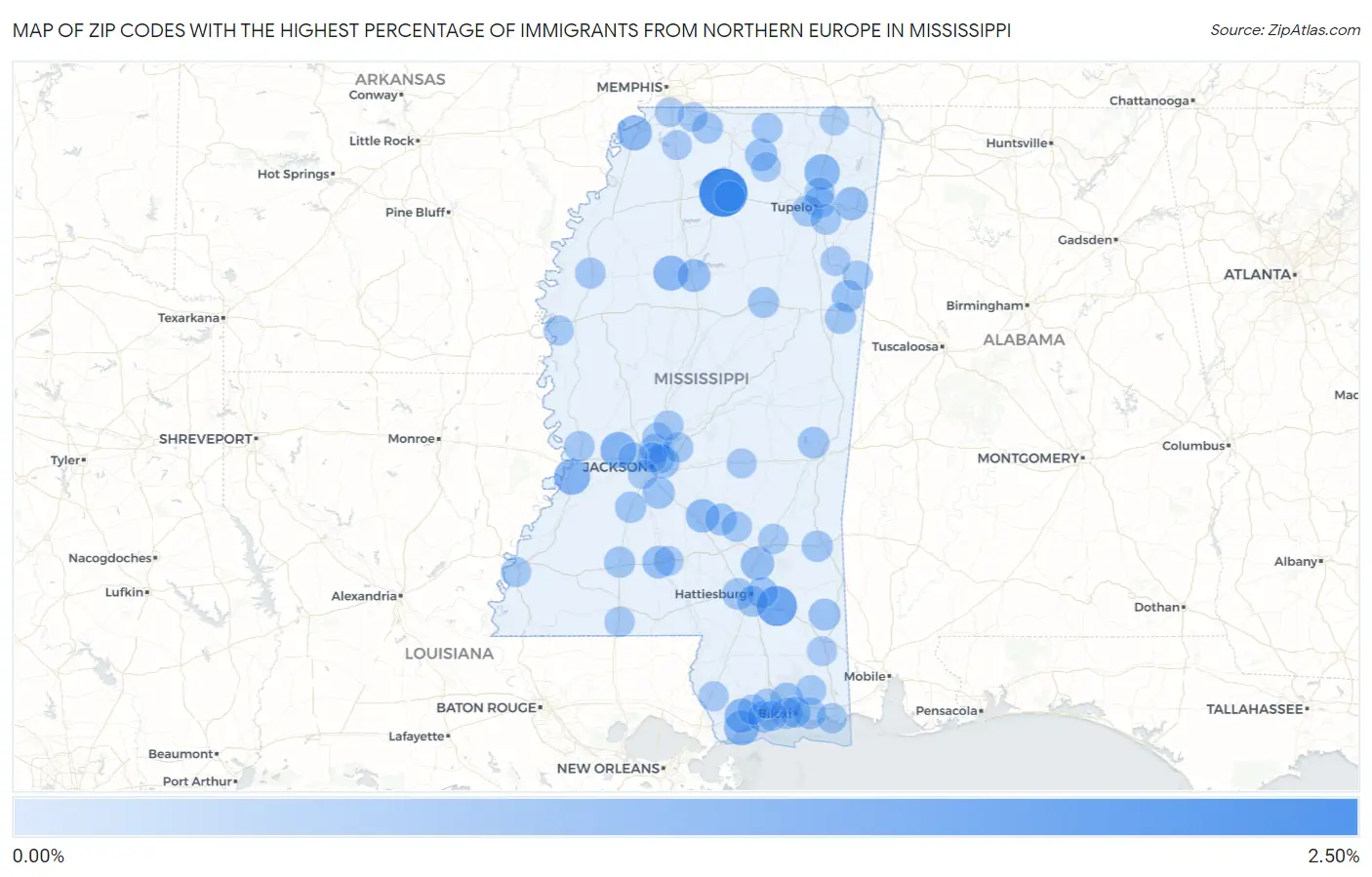 Zip Codes with the Highest Percentage of Immigrants from Northern Europe in Mississippi Map