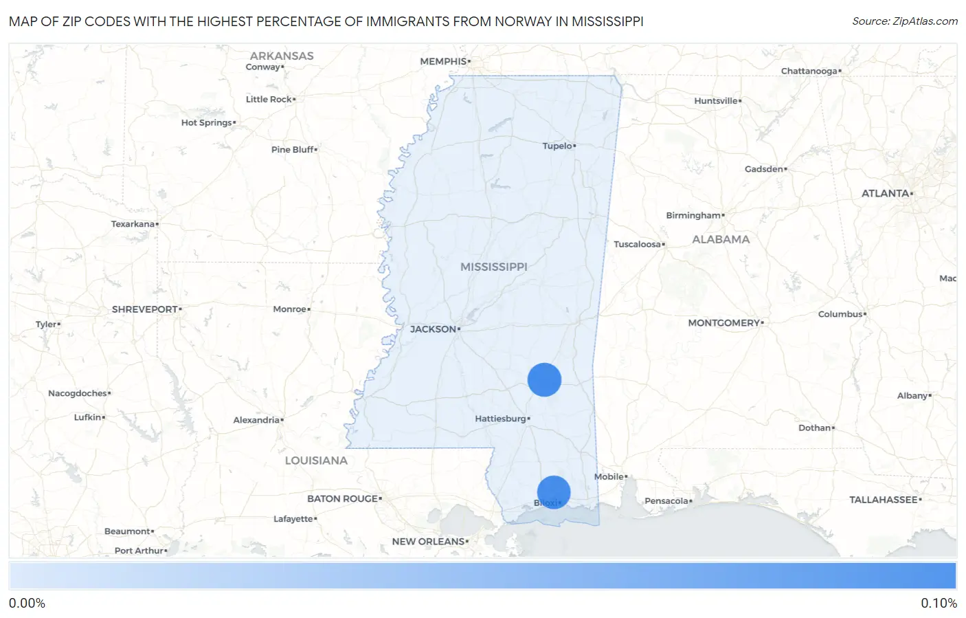 Zip Codes with the Highest Percentage of Immigrants from Norway in Mississippi Map