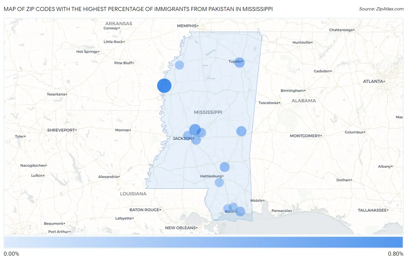 Zip Codes with the Highest Percentage of Immigrants from Pakistan in Mississippi Map