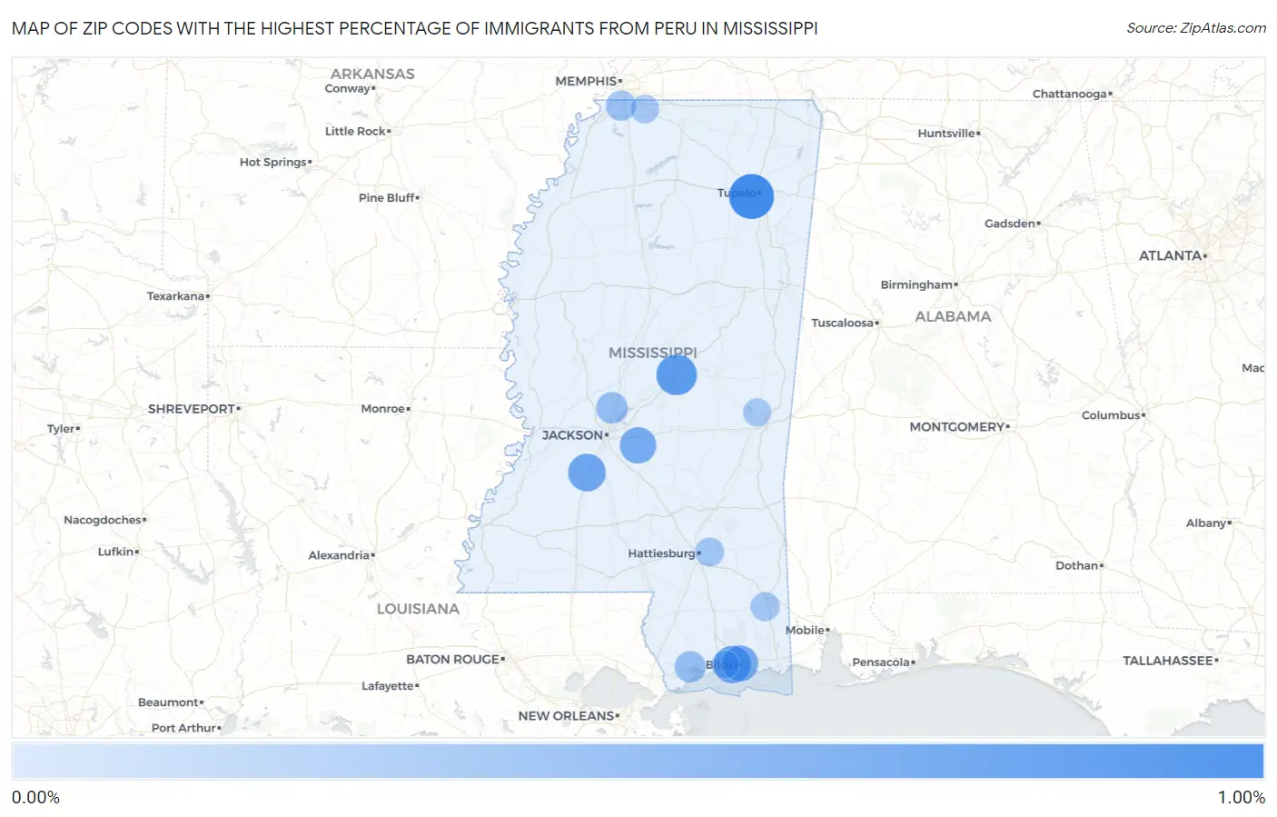 Zip Codes with the Highest Percentage of Immigrants from Peru in Mississippi Map