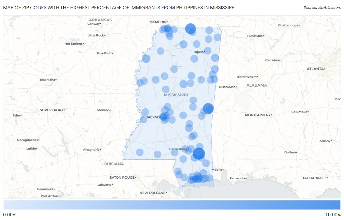 Zip Codes with the Highest Percentage of Immigrants from Philippines in Mississippi Map
