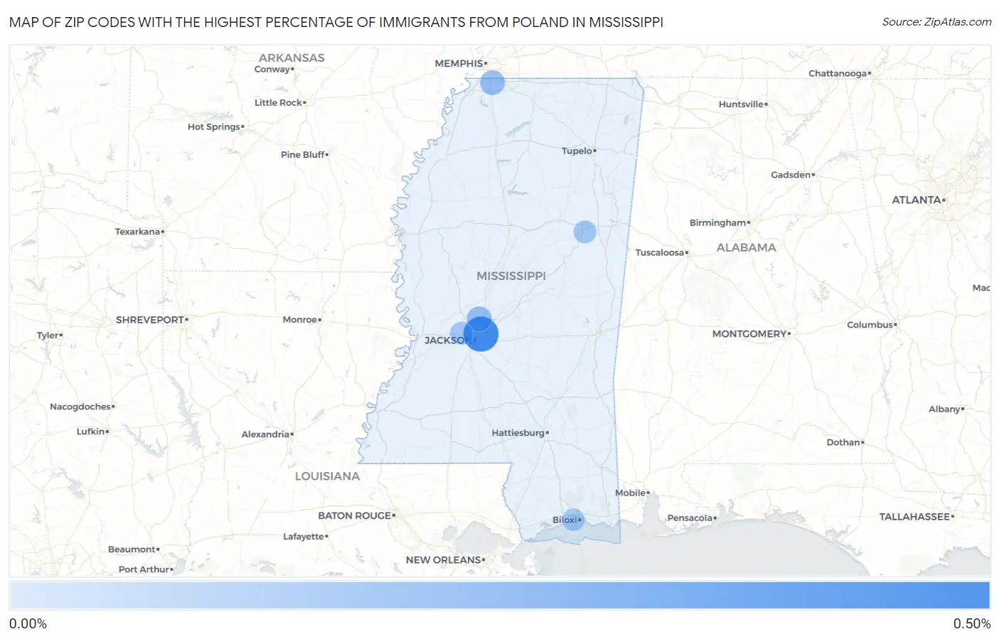 Zip Codes with the Highest Percentage of Immigrants from Poland in Mississippi Map