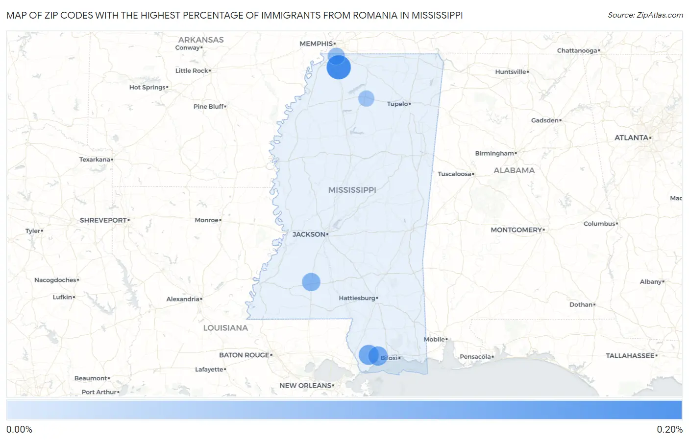 Zip Codes with the Highest Percentage of Immigrants from Romania in Mississippi Map
